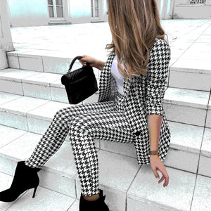 Women's Houndstooth Print Slim Fit Business Suit