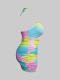 LW Plus Size Tie-dye Backless Ruched Mini Dress Full Print Rainbow Sleeveless Pierced Halter Pressed Pleat Streetwear Skinny