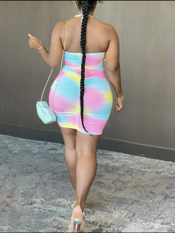 LW Plus Size Tie-dye Backless Ruched Mini Dress Full Print Rainbow Sleeveless Pierced Halter Pressed Pleat Streetwear Skinny