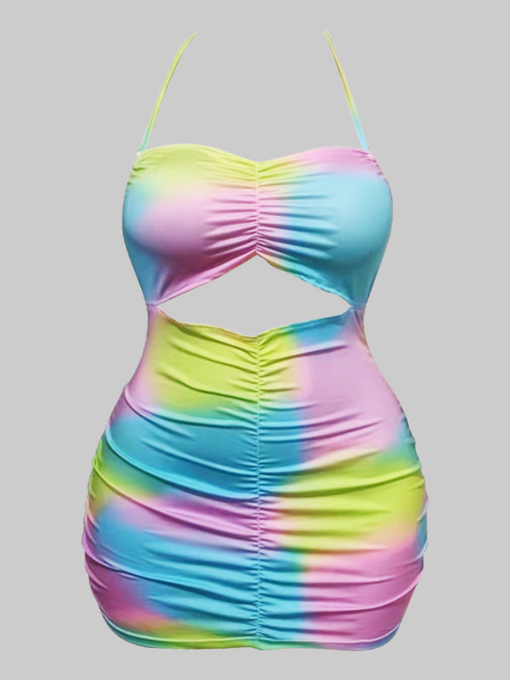 LW Plus Size Tie-dye Backless Ruched Mini Dress Full Print Rainbow Sleeveless Pierced Halter Pressed Pleat Streetwear Skinny