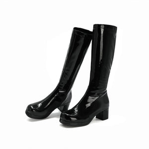 Chunky Heel Women's Mid Heel Boots Patent Leather High Leg Boot Square Toe Boots