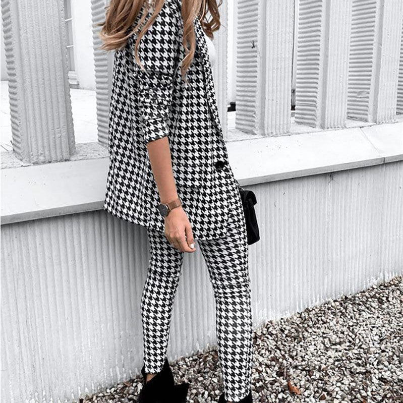 Women's Houndstooth Print Slim Fit Business Suit