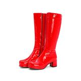 Chunky Heel Women's Mid Heel Boots Patent Leather High Leg Boot Square Toe Boots