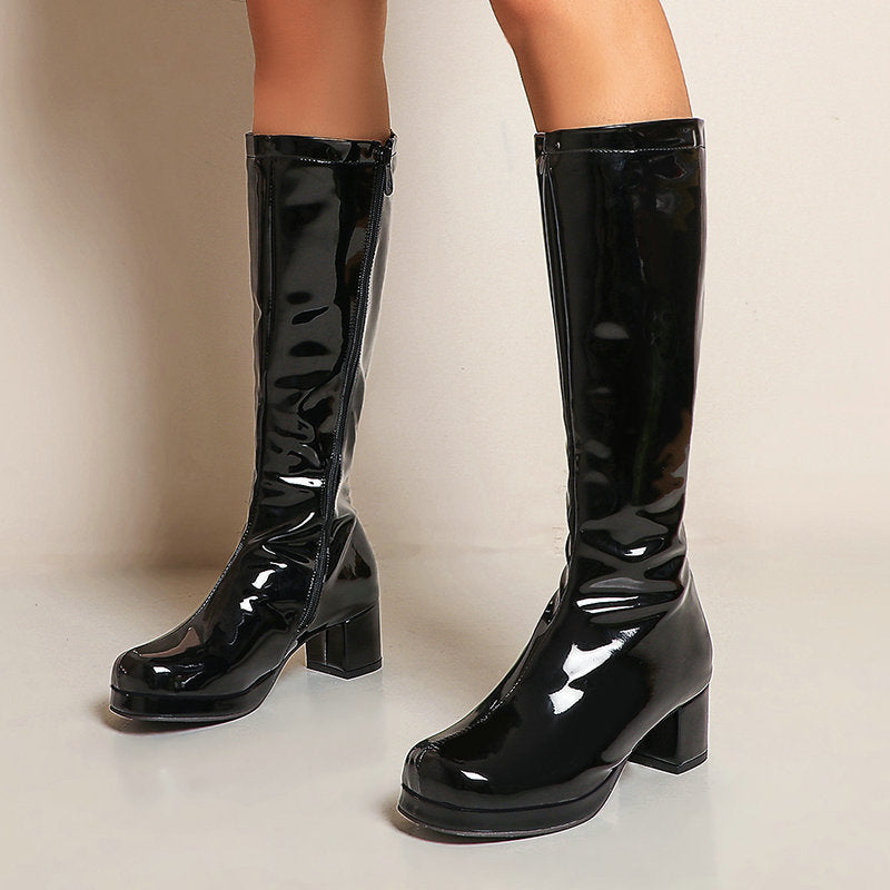 Chunky Heel Women's Mid Heel Boots Patent Leather High Leg Boot Square Toe Boots