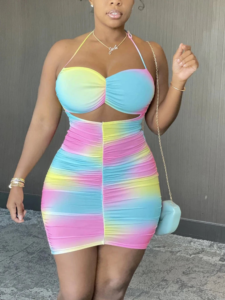 LW Plus Size Tie-dye Backless Ruched Mini Dress Full Print Rainbow Sleeveless Pierced Halter Pressed Pleat Streetwear Skinny