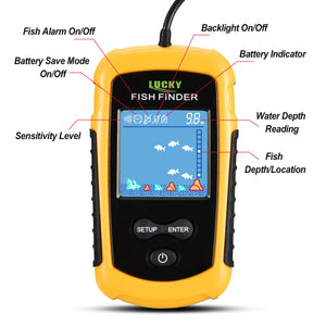 FFC1108-1 Alarm 100M Portable Sonar Fish Finders 45 degrees Sonar Coverage Echo Sounder Alarm Transducer Lake Sea Fishing