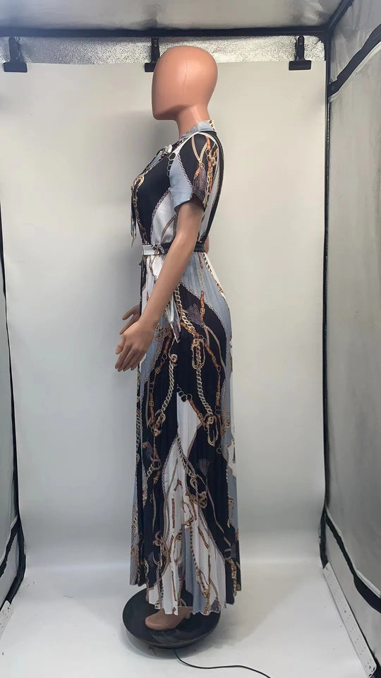 LW Plus Size dress Tie Neck Chain Print Pleated A Line Dress short sleeve maxi dresses 2023 Elegant Fashion women's dress