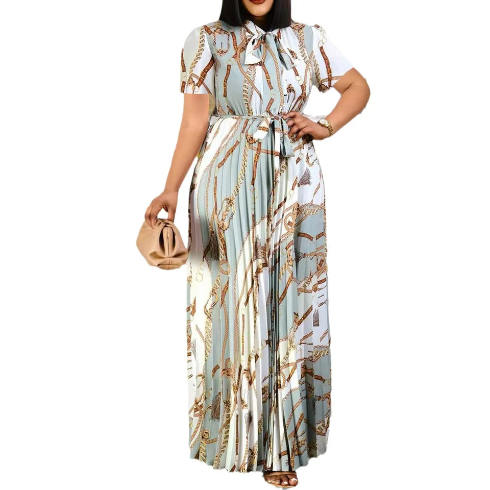 LW Plus Size dress Tie Neck Chain Print Pleated A Line Dress short sleeve maxi dresses 2023 Elegant Fashion women's dress