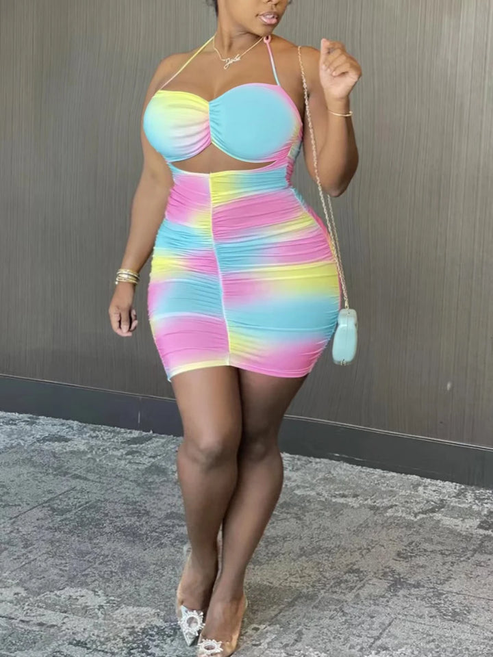 LW Plus Size Tie-dye Backless Ruched Mini Dress Full Print Rainbow Sleeveless Pierced Halter Pressed Pleat Streetwear Skinny