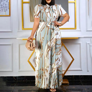 LW Plus Size dress Tie Neck Chain Print Pleated A Line Dress short sleeve maxi dresses 2023 Elegant Fashion women's dress