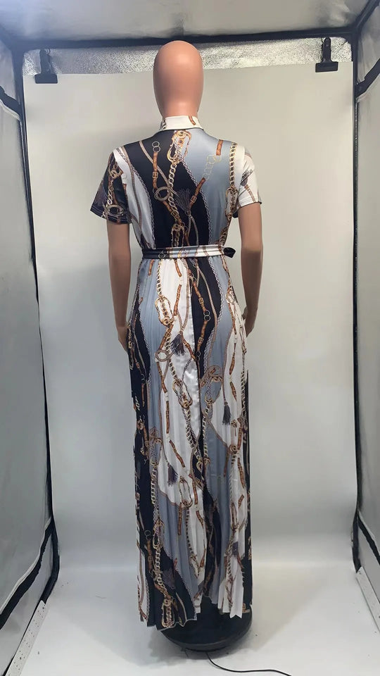 LW Plus Size dress Tie Neck Chain Print Pleated A Line Dress short sleeve maxi dresses 2023 Elegant Fashion women's dress