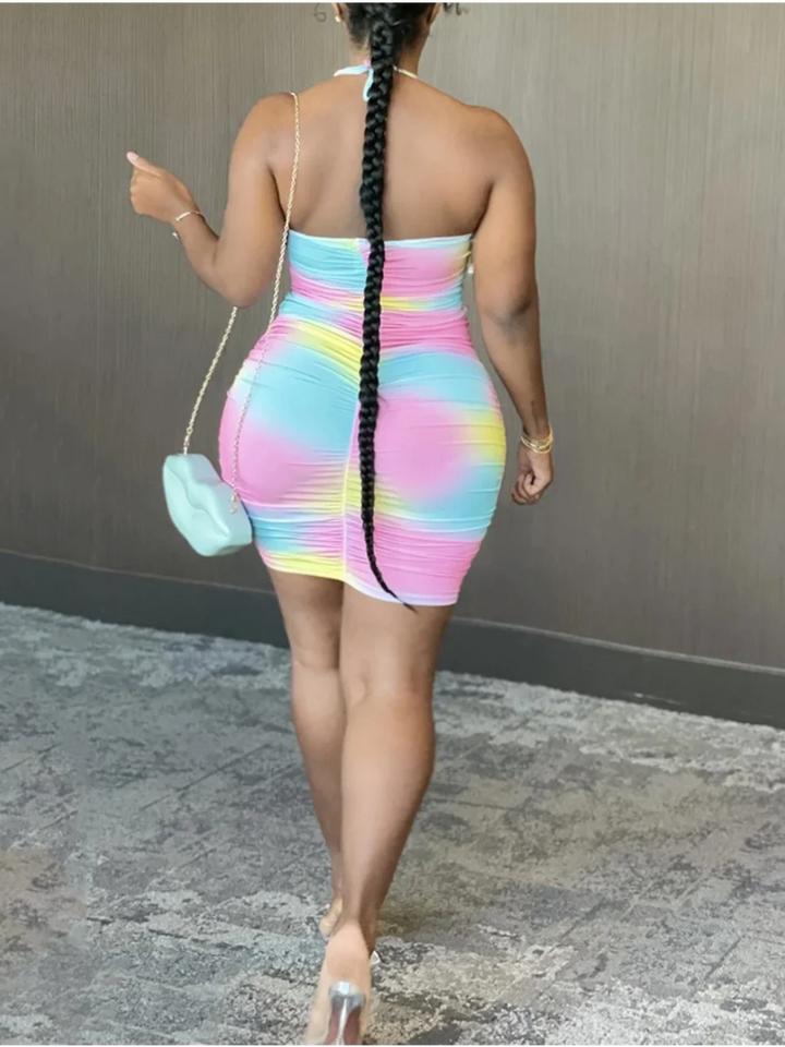 LW Plus Size Tie-dye Backless Ruched Mini Dress Full Print Rainbow Sleeveless Pierced Halter Pressed Pleat Streetwear Skinny