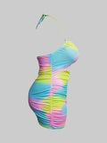 LW Plus Size Tie-dye Backless Ruched Mini Dress Full Print Rainbow Sleeveless Pierced Halter Pressed Pleat Streetwear Skinny