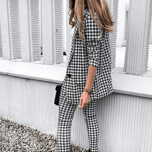 Women's Houndstooth Print Slim Fit Business Suit