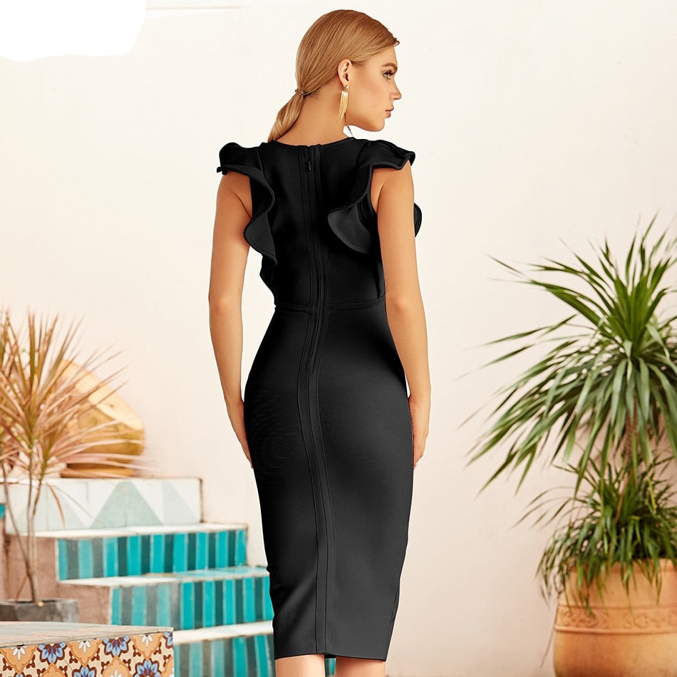 Women Black Ruffles Bandage Dress