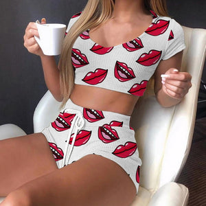 Casual Lips Print Women's Two Piece Sets